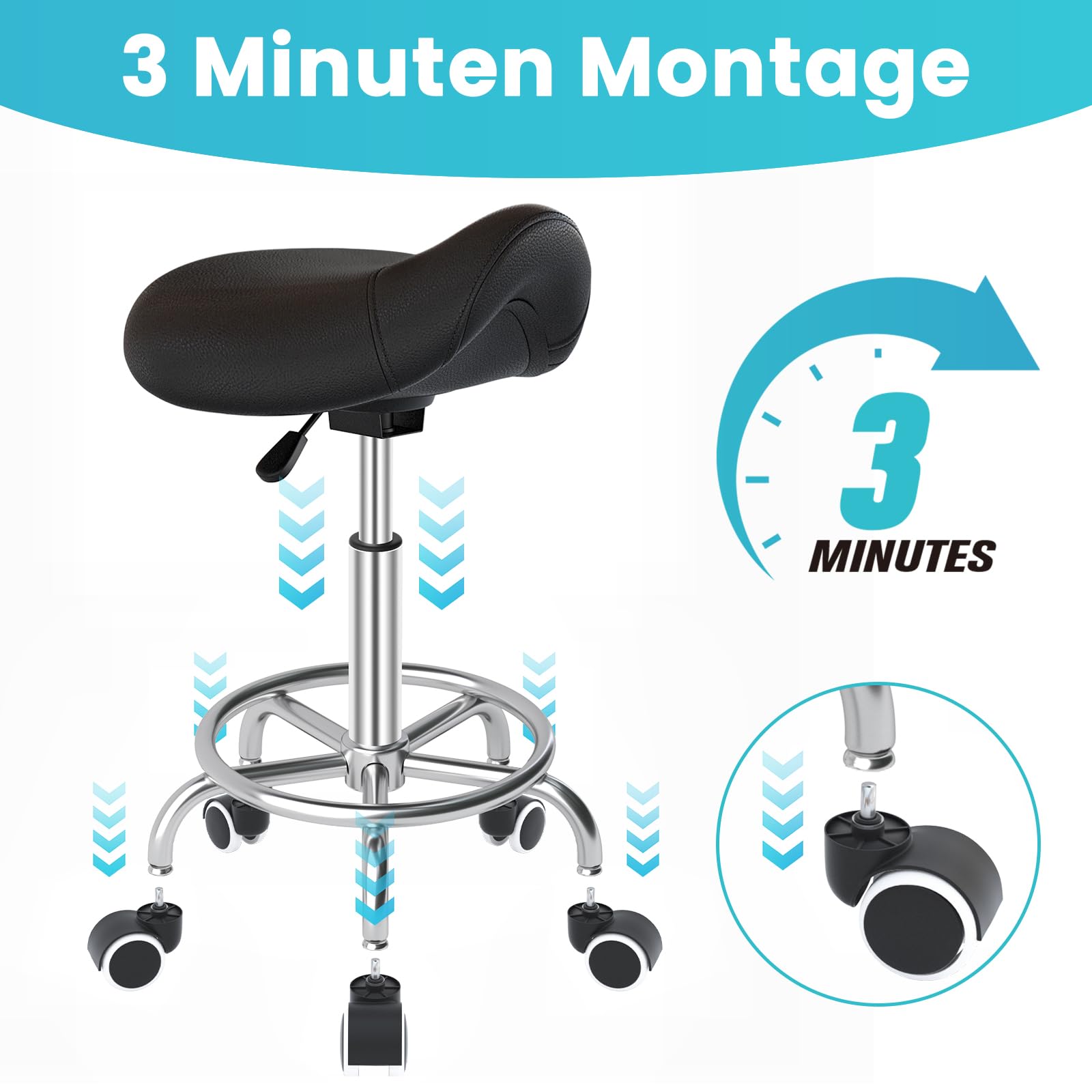 Sgabello da sella ergonomico – Comoda sedia girevole e regolabile con ampio cuscino, ruote e pedale ad anello per medicina, massaggio, salone, ufficio e casa (nero)
