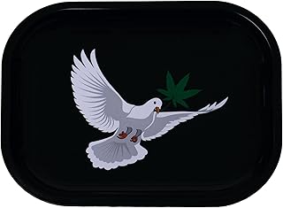Sole Taube Metall-Tablett zum Drehen von Kräutern und Zigaretten / 18 × 14 cm/mit Taube + Hanfblatt-Design/Schwarz