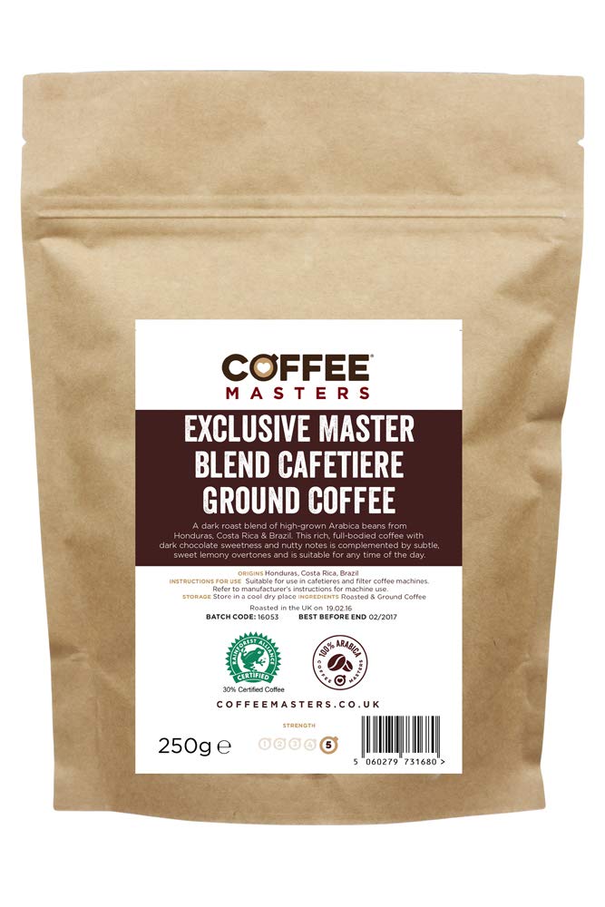 Coffee Masters Exclusive Master Blend Cafetiere Ground Coffee 250g - 100% Arabica Coffee Beans - Medium Roast Strong Coffee