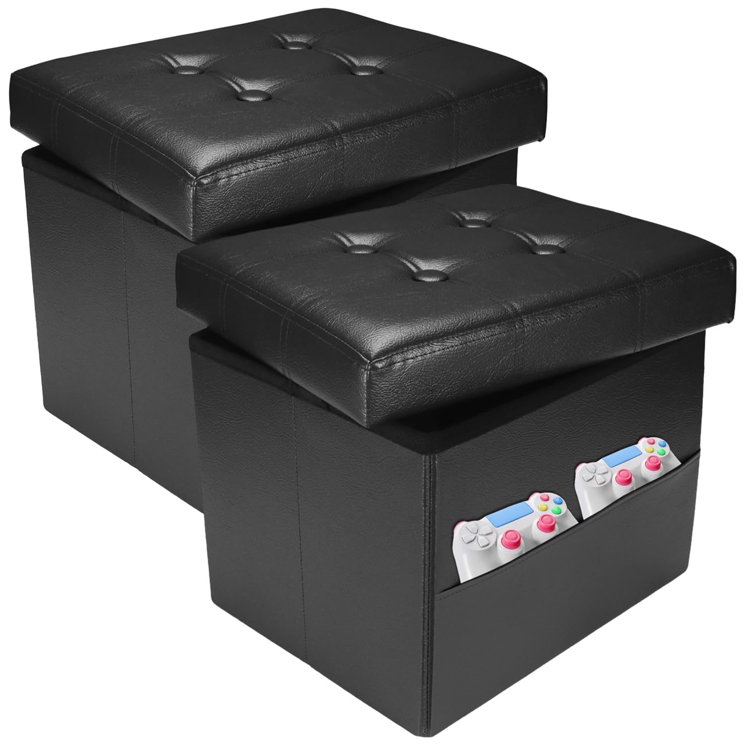 VewePata 2PC Ottoman with Storage Foot Stool, 17 Inches Folding Storage Ottomans, Leather Upholstered Ottoman Foot Rest with Side Pockets, Suitable