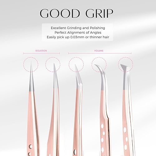 Miniatura 9 de LANKIZ Juego de 5 pinzas para extensiones de pestañas, de acero inoxidable, pinzas para extensiones de pestañas con volumen, pinzas de oro rosa para
