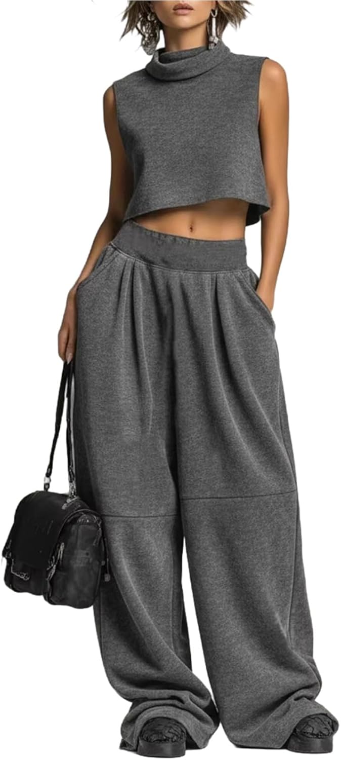 Women Fashion Casual Outfit 2 Piece Sleeveless Turtleneck Crop Top and High Waist Baggy Wide Leg Pants with Pockets