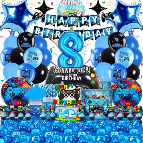 Decoración de Cumpleaños de Videojuego para Niños de 8 Años - Set de Globos de Fiesta de Cumpleaños de 43 piezas en Azul y Negro, de Respetuosos con el Medio Ambiente, Fácil de Montar