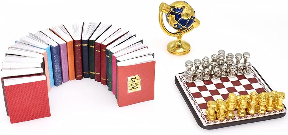 iLAND Miniature Dollhouse Accessories for Dollhouse Furniture, Mini Book Globe Chess Set for Dollhouse Study Room (Classic 22pcs)