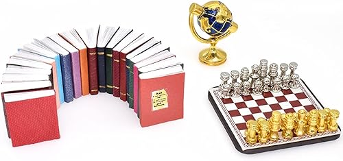 iLAND Accesorios de casa de muñecas en miniatura para muebles de casa de muñecas, juego de ajedrez mini globo de libro para sala de estudio de casa
