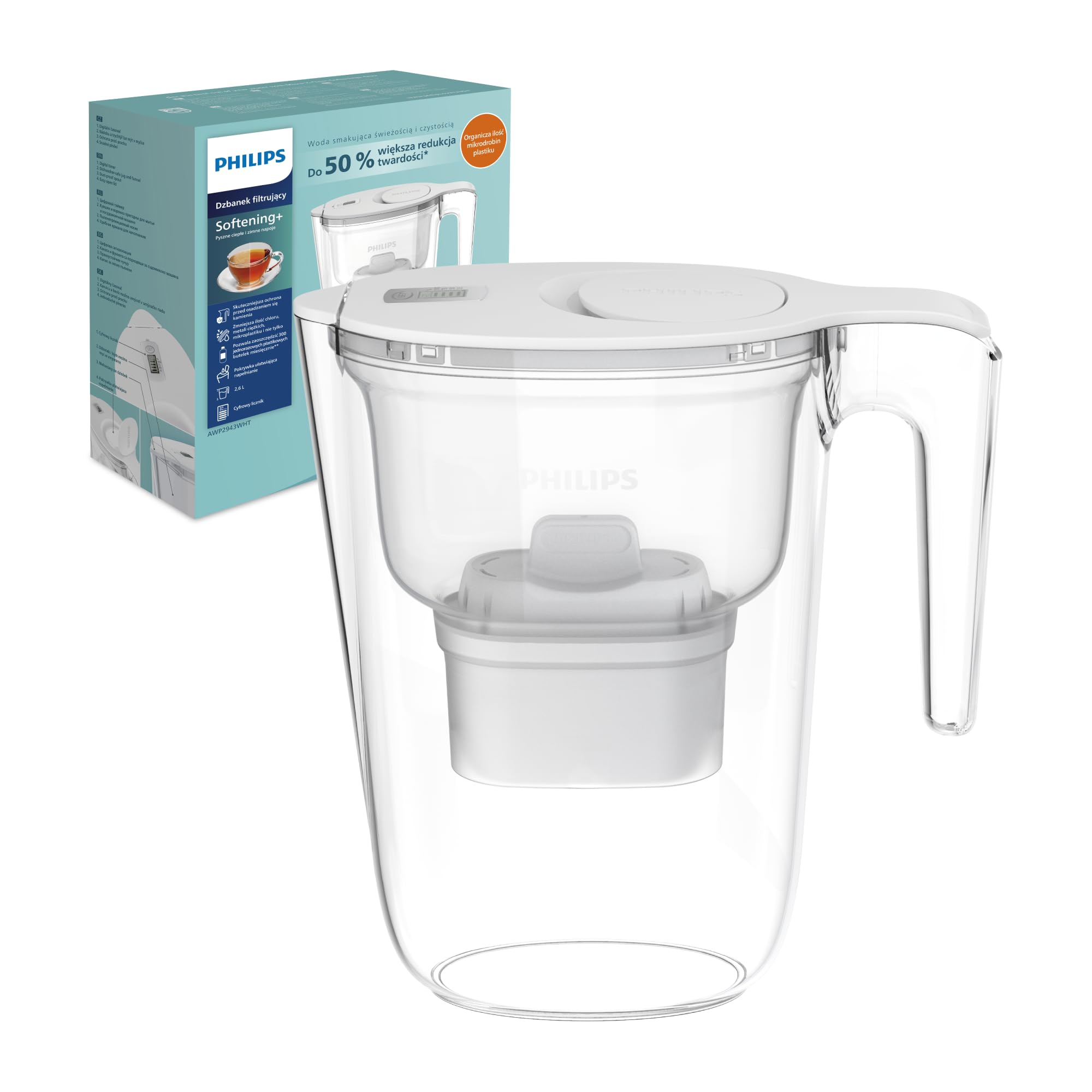 Philips Water Filtro de jarra + 3 cartuchos de filtro de repuesto, Filtración Avanzada, flujo rápido, temporizador electrónico, filtra CLORO, CAL, metales pesados y MICROPLÁSTICOS, capacidad 2,6 L — view 12