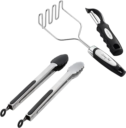 Spring Chef Juego de triturador de papas y pelador giratorio y pinzas de cocina de 12 pulgadas para cocinar, juego de 2 piezas, paquete de 2