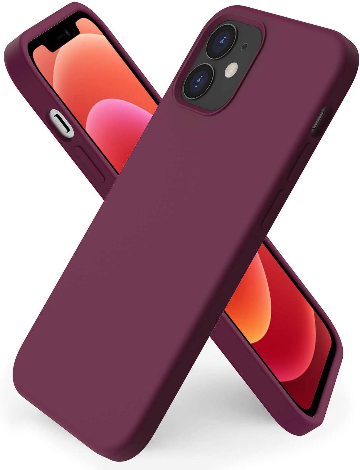 ORNARTO Compatible with iPhone 12 Mini Case, Slim Liquid Silicone 3 Layers Full Covered Soft Gel Rubber with Microfiber Case Cover 5.4 inch-Wine Red