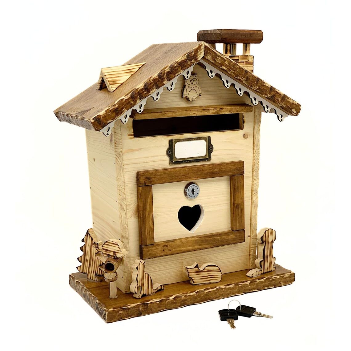 Cassetta Della Posta Artigianale In Legno Di Abete Con Gatti E Cane, Buca Delle Lettere Da Esterno, Rustico Montano, Arredo, Fatto A Mano, Montaggio A Parete, Resistente Agli Agenti Atmosferici