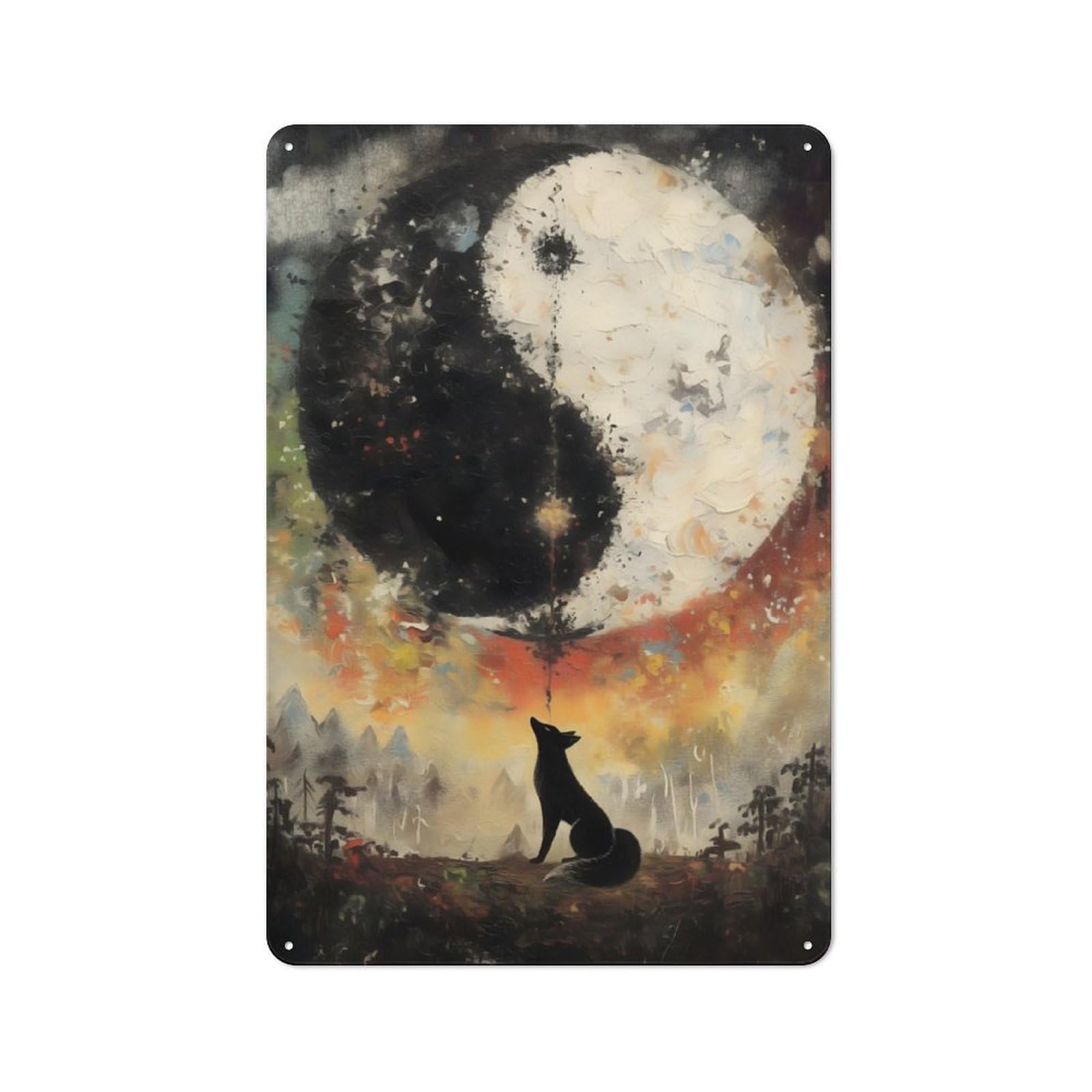 Fox Gazing at Yin Yang Clean Industrial Metal Wall Decor 30x20cm, Decorative Metal Plaque for Workspace, Cafe, Hallway Or Garage