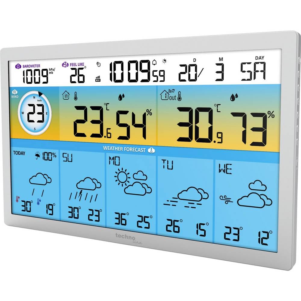 Technoline WD2500 WLAN Wetterstation mit Außensensor, 4-Tage-Wettervorhersage, Farbdisplay, Temperatur & Luftfeuchtigkeit innen/außen, Luftdruck, Windgeschwindigkeit, App & Funkuhr