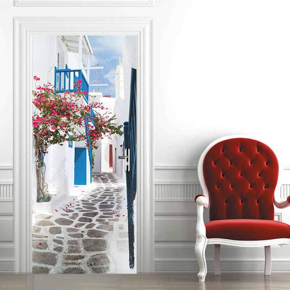 LCHZD Door Stickers 3D Interior Self Adhesive Mural Wallpaper Greek Blue Street Waterproof Pvc Removable Bedrooms Toilet Bathroom Kitchen Door Decoration 77 * 200Cm