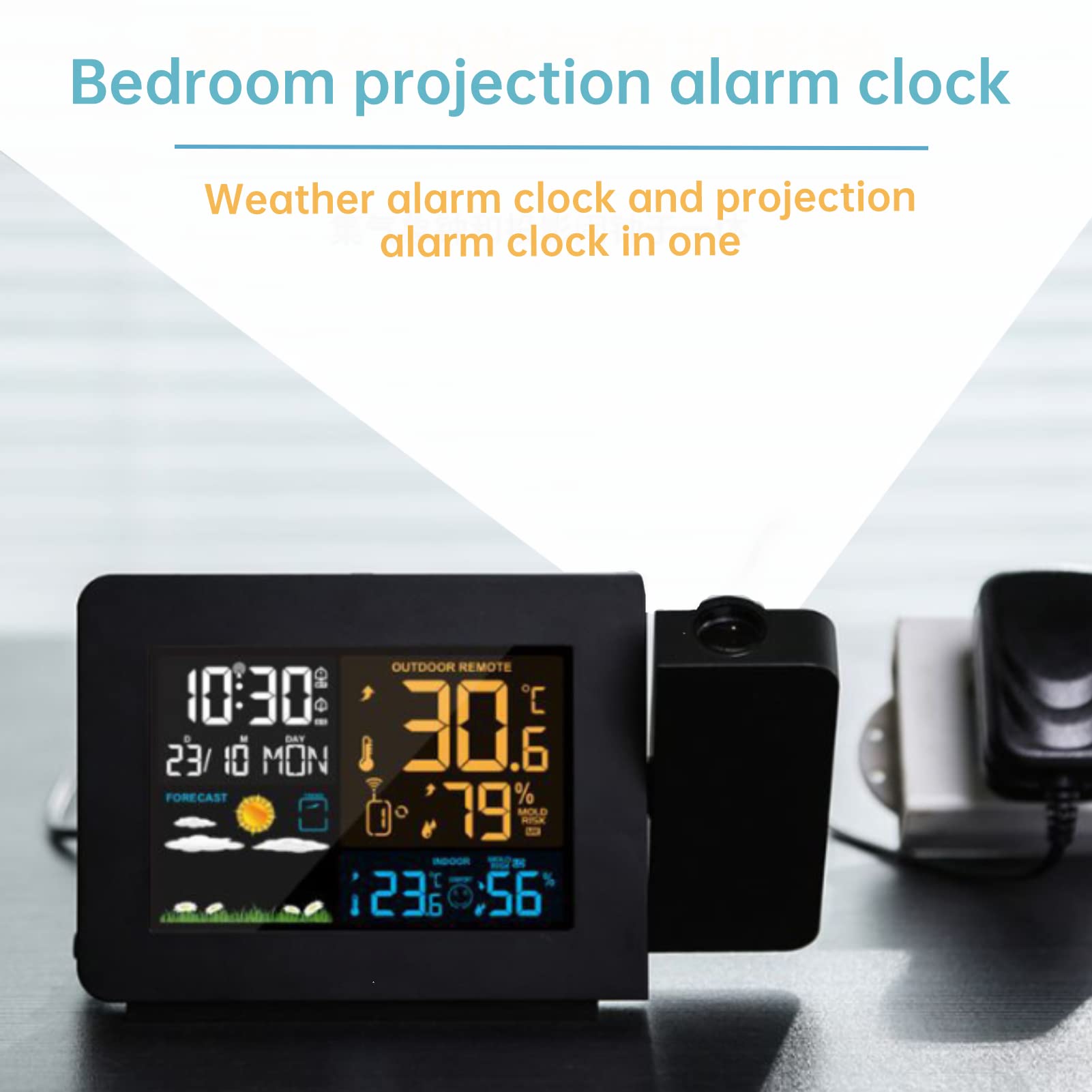 Hakeeta Réveil à Projection pour Chambre à Coucher avec Station météo, thermomètre extérieur sans Fil pour intérieur, Grand écran à LED numérique et variateur