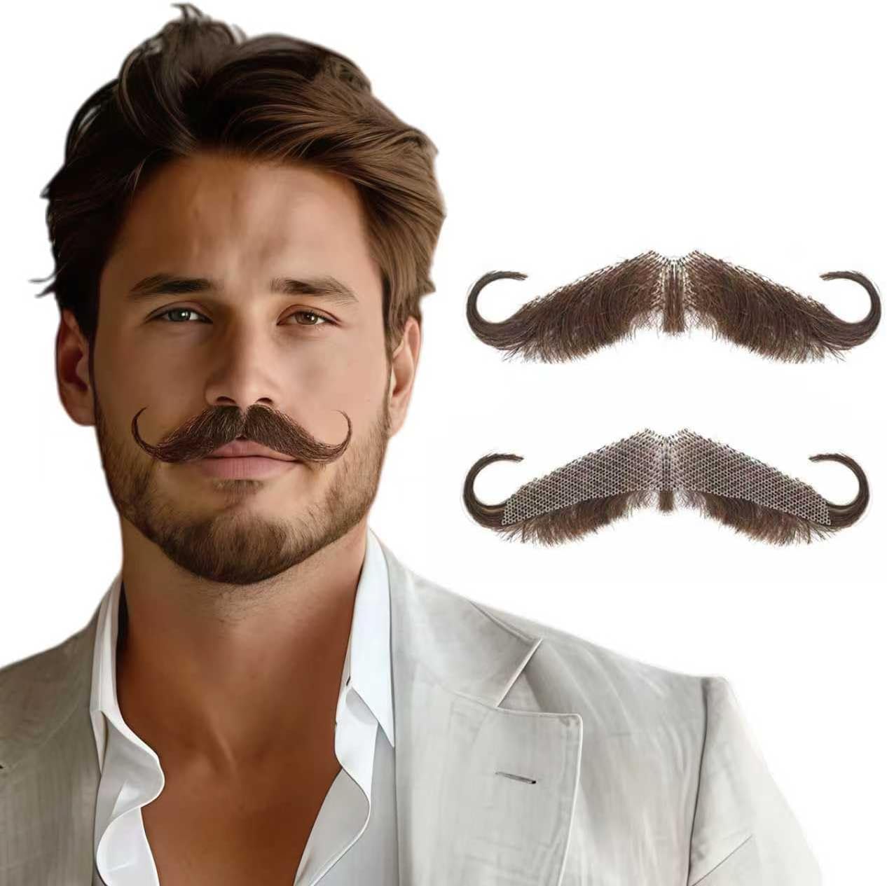 Fake Mustache Realistic Handlebar Style - 100% Human Hair with Lace Front, Halloween Costume, Cosplay for Men & Women