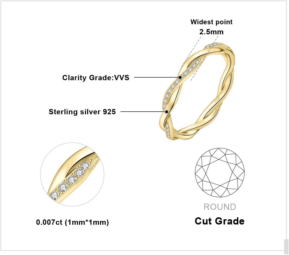 JewelryPalace Love Rope Infinity Moissanite Wedding Band for Women, Twisted 14K White Yellow Rose Gold 925 Sterling Silver Promise Ring for Her, Wave Simulated Diamond Stackable Rings VVS D-F - Image 2