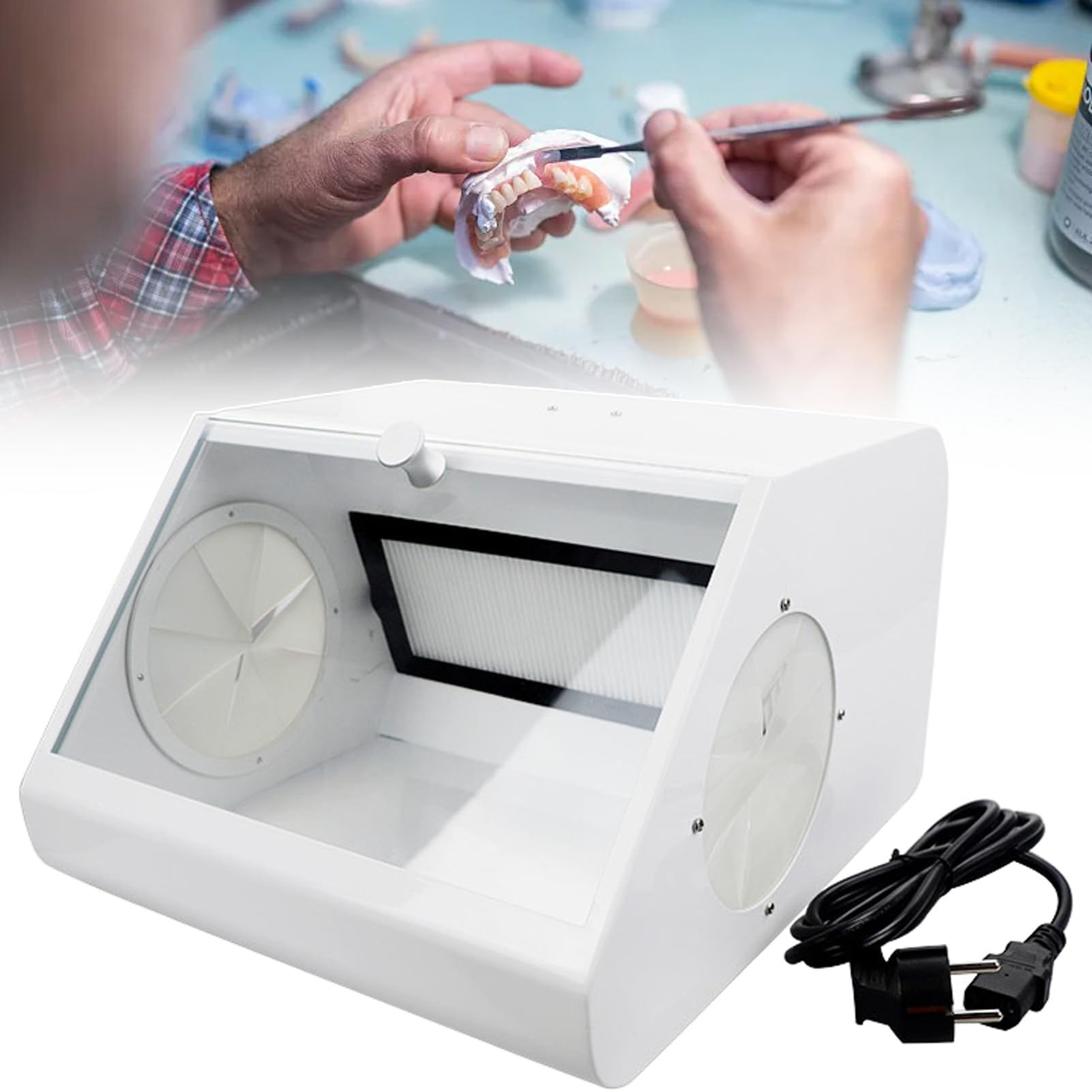 Huachorial Dental Lab Vacuum Dust Extractor Box with Tempered Glass Baffle & 2 Filters, LED Light Source for Clear Visibility, Dust Won't Escape During Sandblasting, for Lapping and Polishing