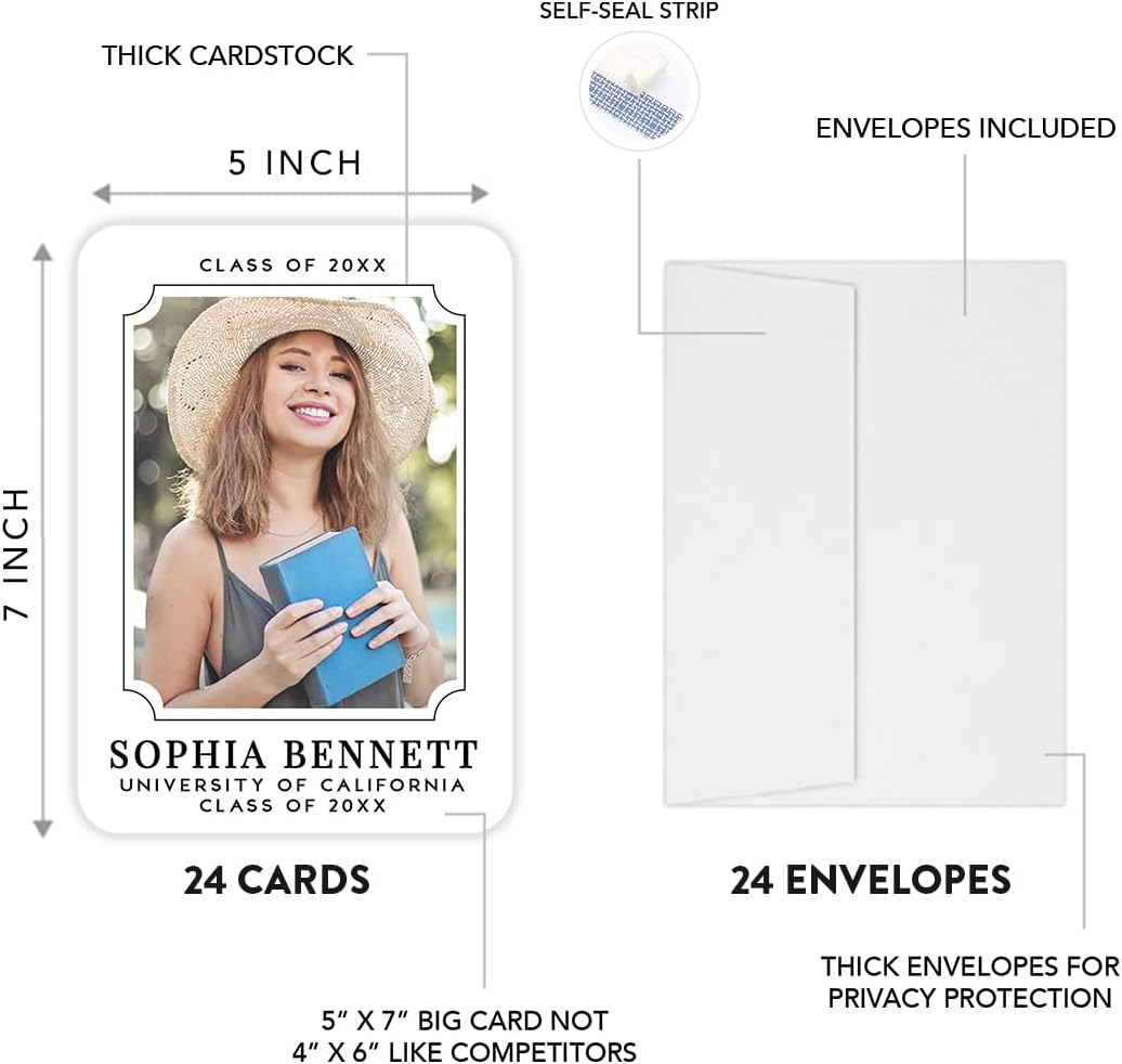 Andaz Press 24-Pack, 5x7-Inch Personalized Photo Graduation Announcement Cards 2026 with Envelopes, Art Deco Frame Class of 2026 Postcard for High School, College Custom Graduation Cards Grad
