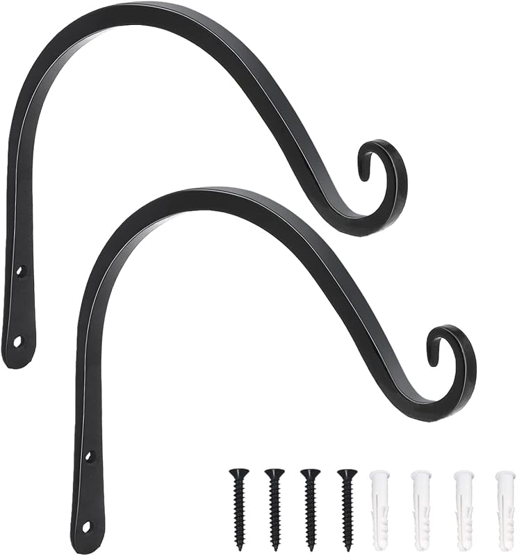 LOOGI Hanging Plant Bracket, Wall Hook Plant Hanger Decorative Hooks for Indoor Planter Lantern, Outdoor Bird Feeder Wind Chime, 2 Pack Black (8 Inch C)