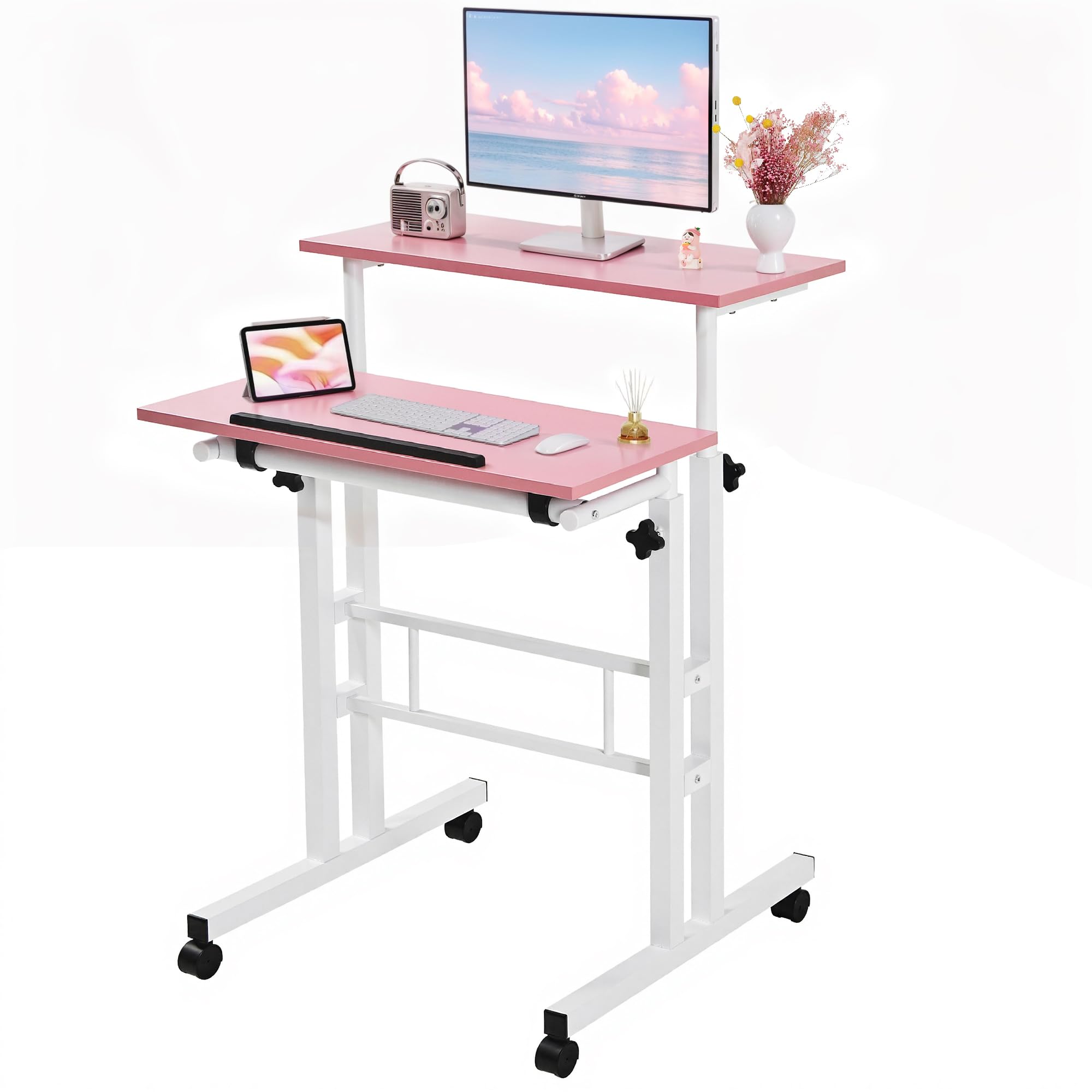VECELO Small Mobile Standing Desk 24 Inch, Adjustable Height Portable Stand Up Desk with Wheels Computer Workstations, Rolling Laptop Cart, Pink