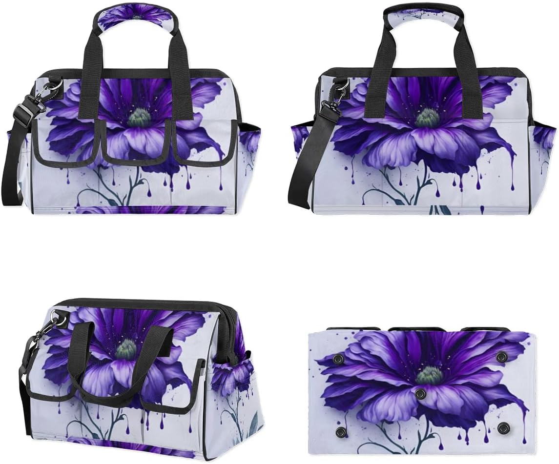 15 Inch Tool Bag 14-Pockets Tool Box Organizer for Men Big Floral Purple Tool Tote Bag Waterproof Toolbox with Shoulder Strap Heavy Duty Garden Tool Organizer for Mechanic