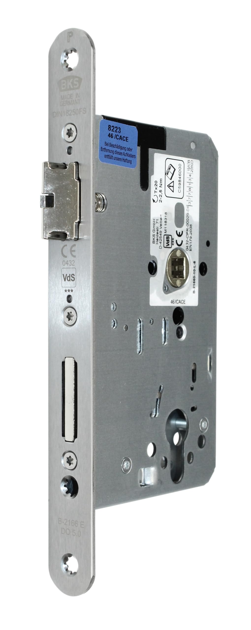 BKS Automatik FH Türschloss Panikschloss B-21660-10-L-8, Funktion E (Wechselfunktion), Dornmaß 65mm, Entfernung: 72mm, Stulp: 24x235x3mm, DIN Links/Rechts umstellbar (Dornmass: 65mm)