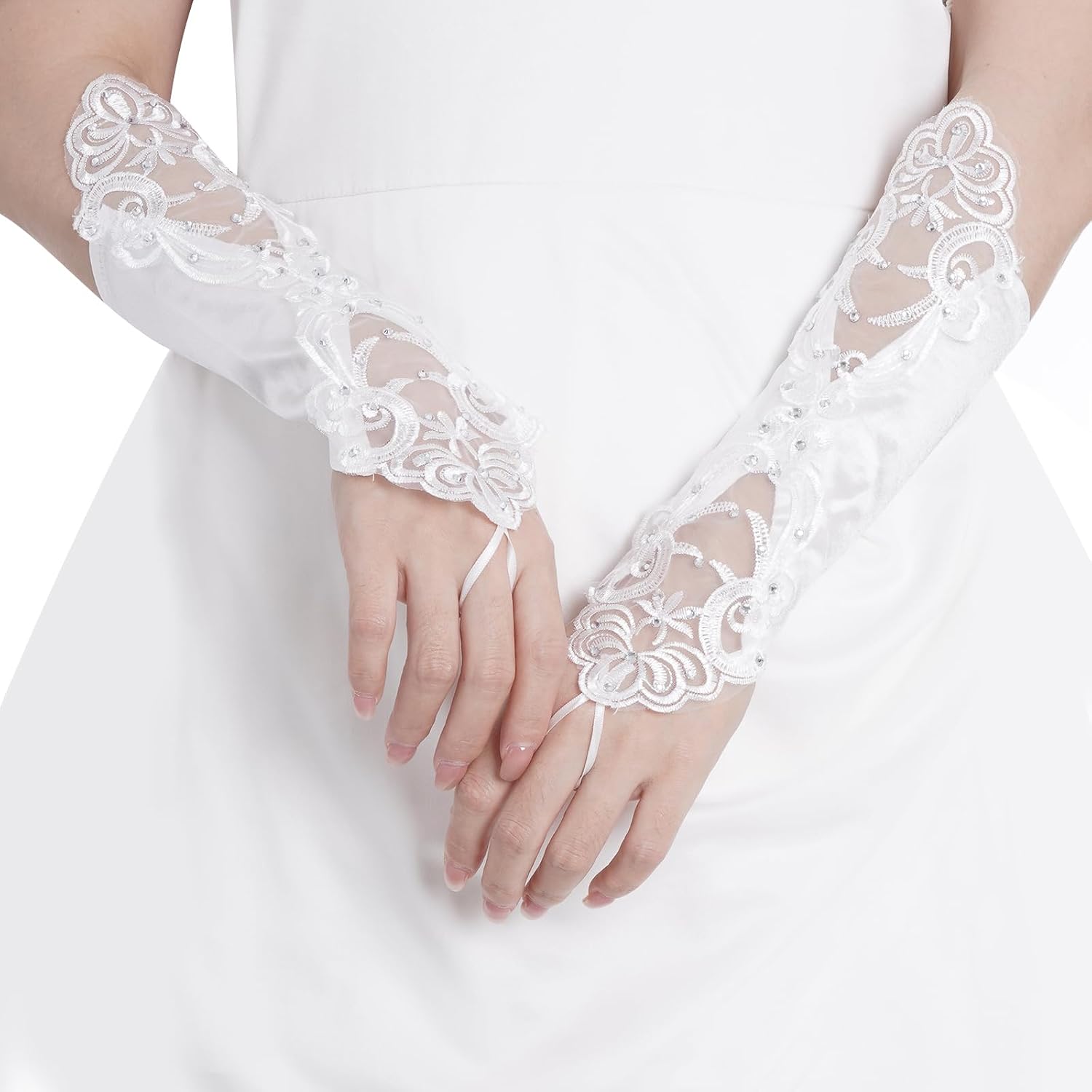 White Lace Gloves for Women Fingerless Rhinestone Bridal Gloves for Wedding Party Prom Costume Accessories