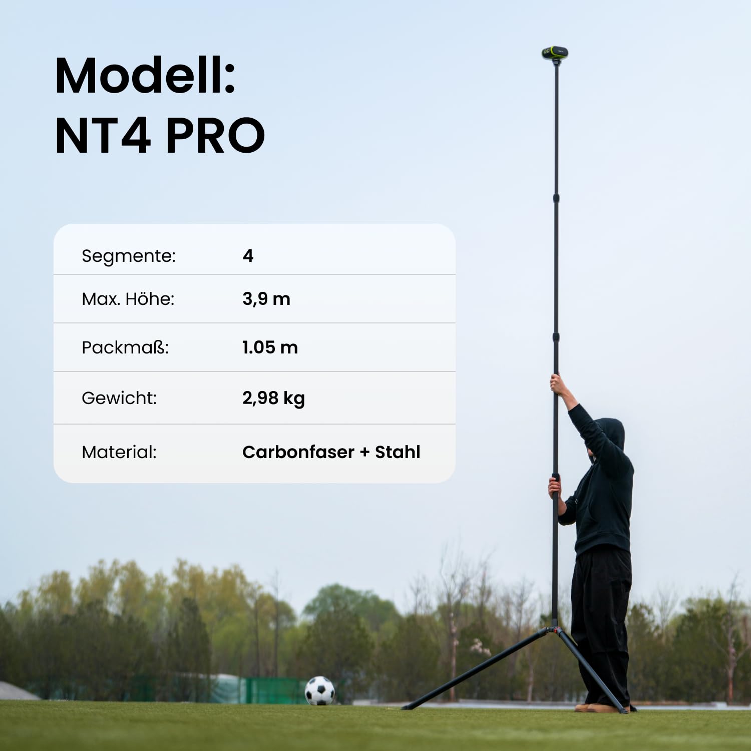 XbotGo NT4 PRO Carbonfaser-Kamerastativ 3,9m – Höhenverstellbar & faltbar mit Tragetasche, luftgedämpfte Mittelsäule, rutschfeste Fußpads, 1/4" Gewinde, optimiert für Falcon