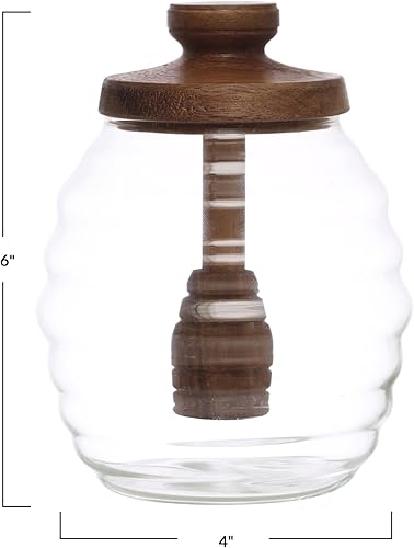 Miniatura 3 de Bloomingville Tarro redondo de miel de vidrio de 4 pulgadas de 14 onzas con tapa de madera de acacia y recipiente de miel adjunto para cocina,