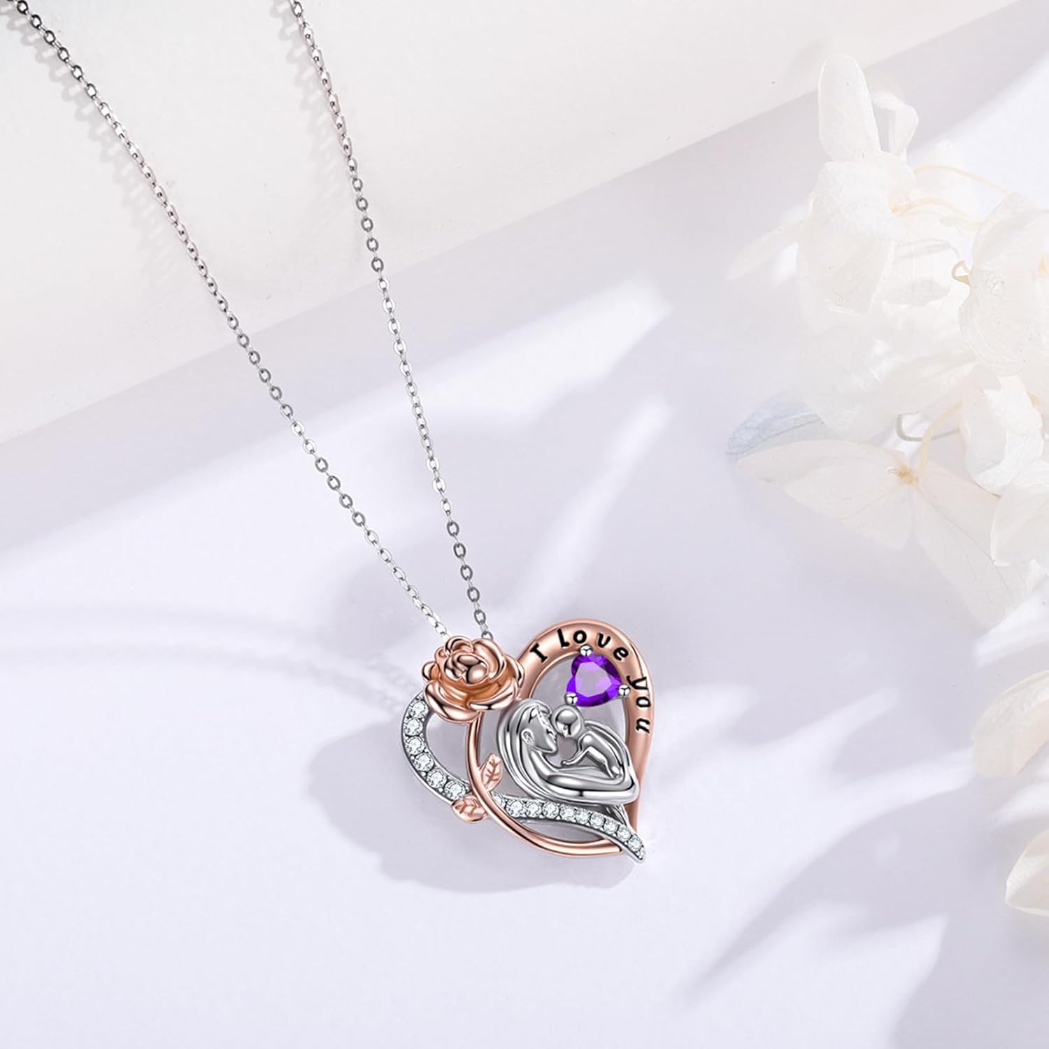 Mom Birthstone Necklace 14K Rose Gold/925 Silver Filled Rose Heart Pendant I Love You Jewelry Mothers Day Gifts for New Mom Grandmother Women Wife Her - Image 5