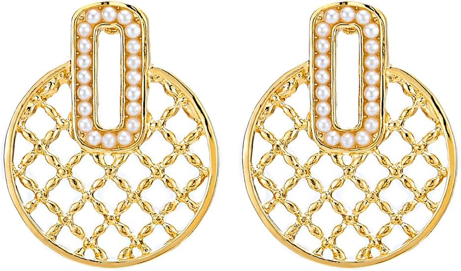 Gold Color Rectangle and Circle Grid Statement Stud