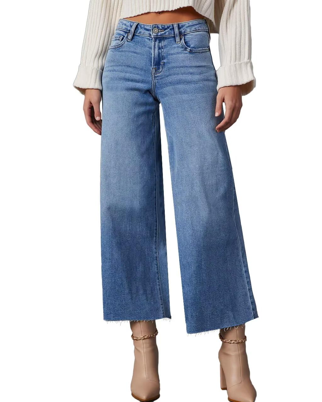 Photo 1 of Allimy Womens High Waisted Capri Pants Wide Leg Pants Woman Cropped Jeans Baggy Barrel Jeans for Women Trendy Denim Blue Size 4