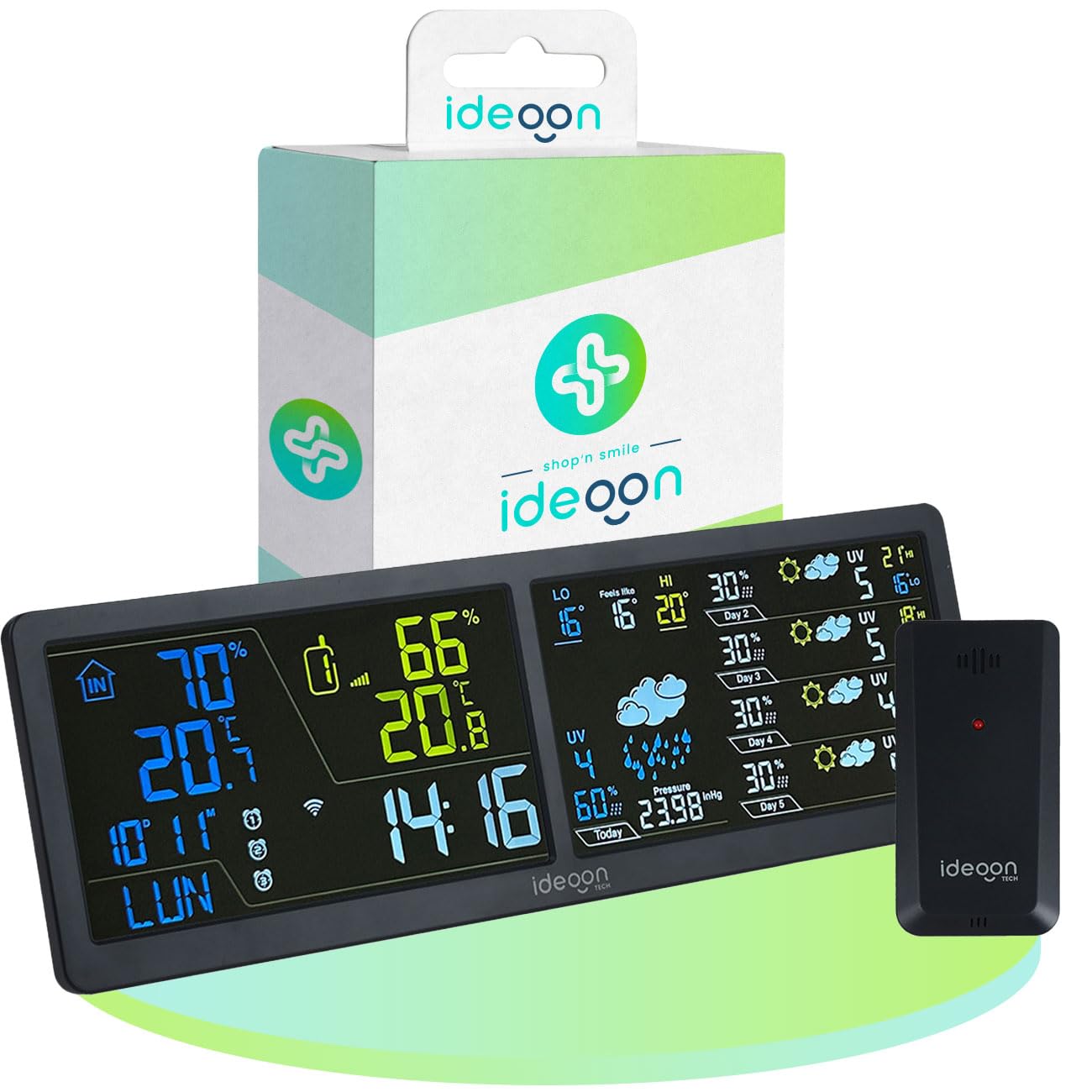 ideoon WLAN Wetterstation mit App & XXL Display: Tuya Smart Home, Aussen-Sensor, Weck-Alarm - Temperatur, Feuchtigkeit, UV Index, Wettervorhersage & mehr