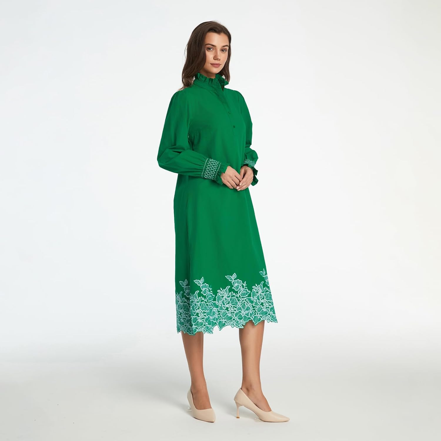 Womens Button Down Shirt Dress Long Sleeve Casual Flower Embroidery Slit Midi Dresses - Image 3