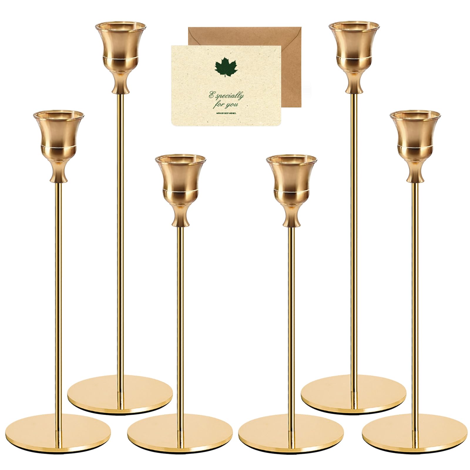 YUTUY Candelabros de Metal,6 pcs Candelabro Dorado,Candelabro Decorativos de Velas,Vintage Cónicas Portavelas de Metal Alto,para Decoración del Hogar,Bodas,Cenas,Navidad,Fiestas,incluir 1tarjeta