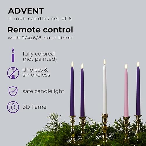 Miniatura 2 de Flameless Advent Candles, Set of 5 - Flickering LED Flame, 11 Inch Taper Candlesticks, Remote Controlled - 3 Purple, 1 Pink, 1 White for Christmas