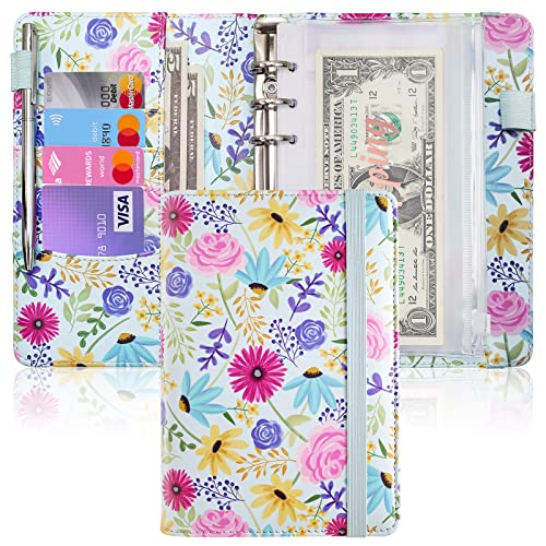Image of A6 Budget Binder for Money Saving, PU Leather Budget Planner with 8 Cash Envelopes, Budget Sheets & Rose Gold Category Stickers, Money Organizer for Cash (Blue Flower)