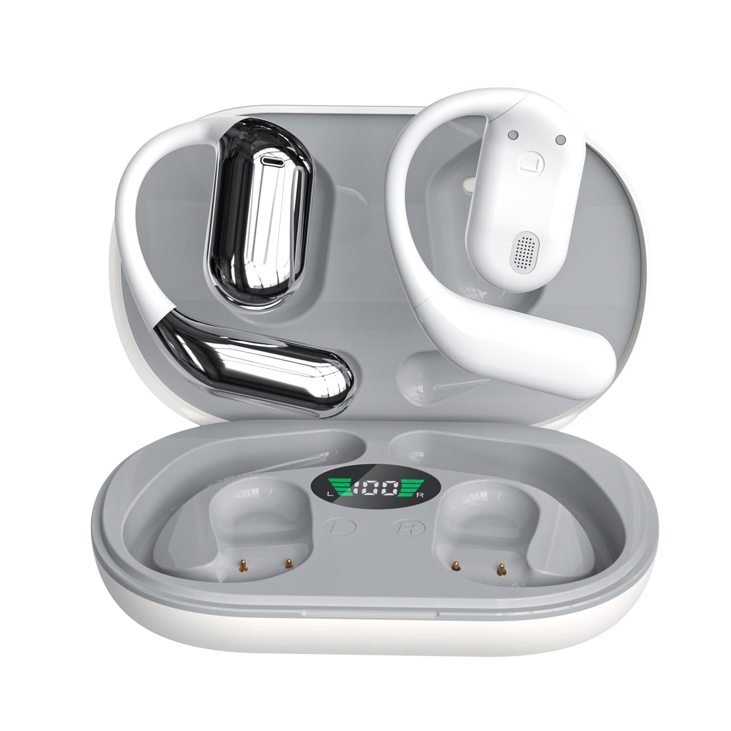 Wireless Earbuds Bluetooth Earbuds Built-in Mic with Ear Hooks 50H Playtime Ear Buds LED Display Charging Case Waterproof Design for Running Fitness (White)