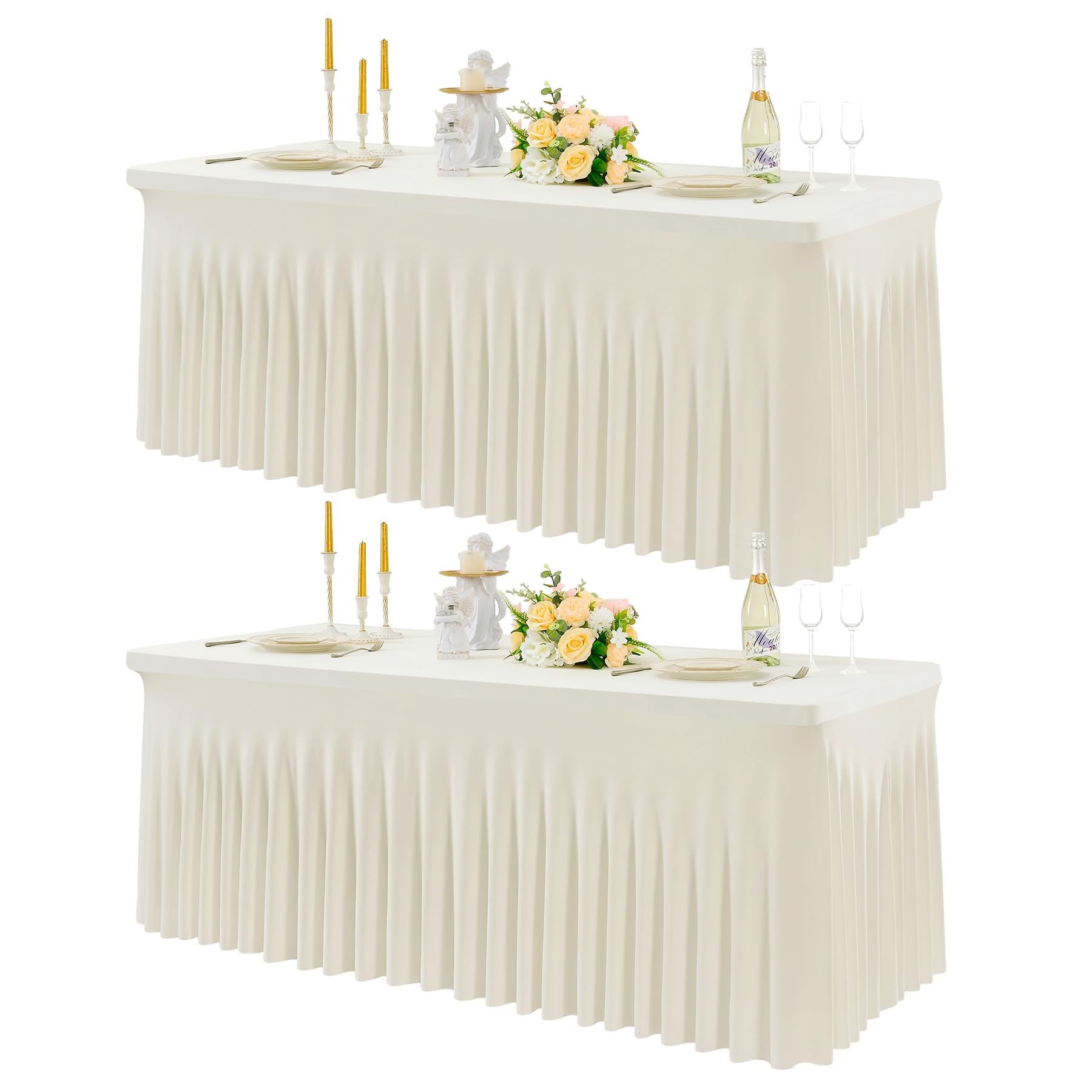 6ft Spandex Table Cloth for Standard Folding Tables-2Pack Ivory Table Cloth Table Protector for Party, Wedding, Cocktail, Banquet, Festival