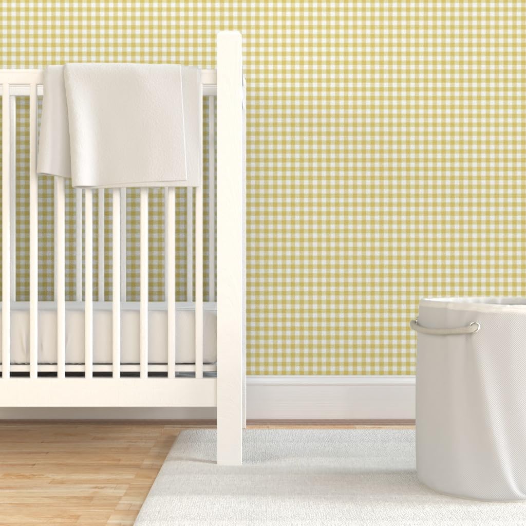 Peel & Stick Wallpaper 3ft x 2ft - Dark Yellow Gingham Cottagecore Checkered Country Farmhouse Spring Summer Vintage Medium Scale Custom Removable Wallpaper by Spoonflower