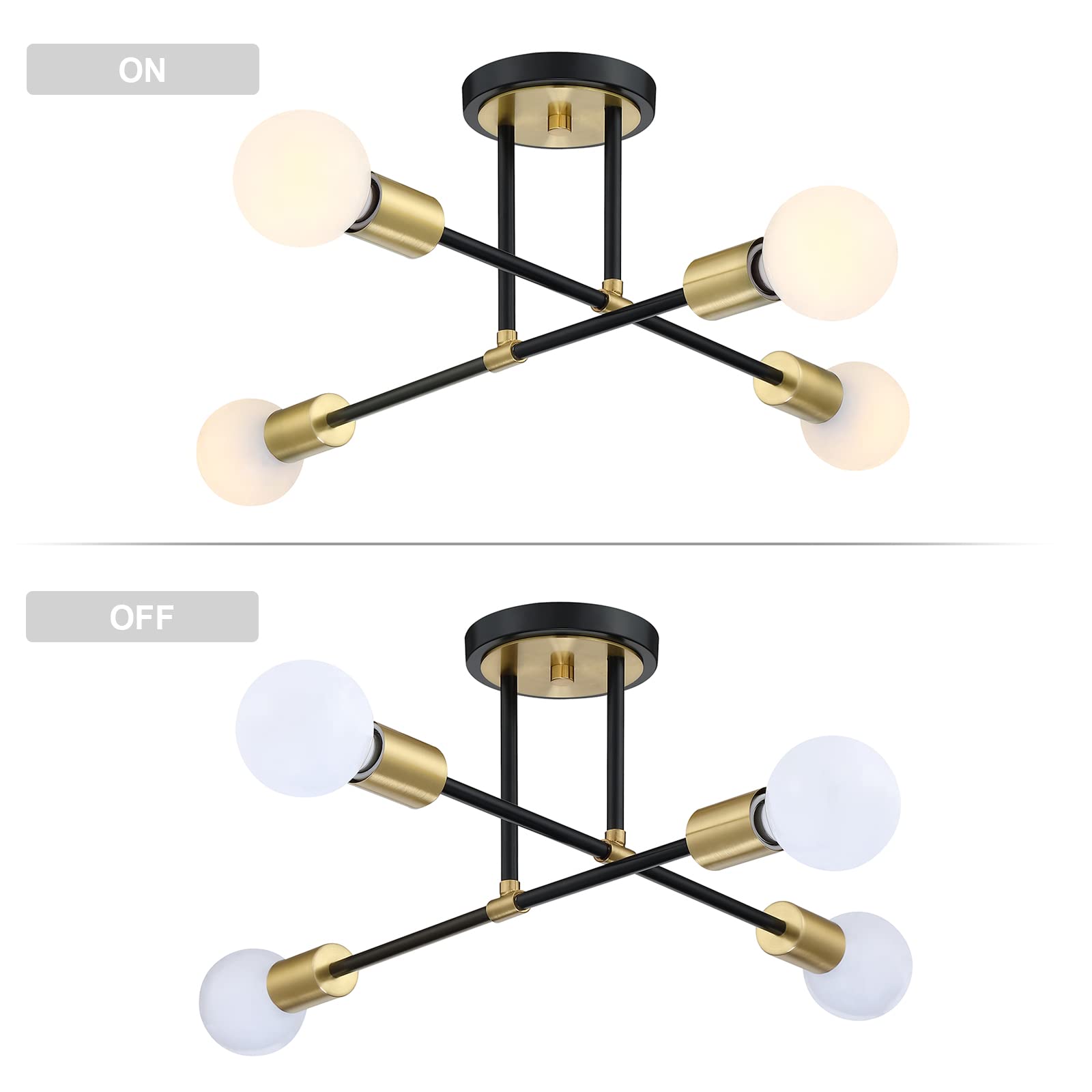 Dolaimi House Farmhouse Modern 2 Pack 4-Light Gold Semi Flush Mount Ceiling Light Fixture Black Finish,Sputnik Chandelier Ceiling Lamp for Kitchen Bedroom Living Room Bathroom Hallway