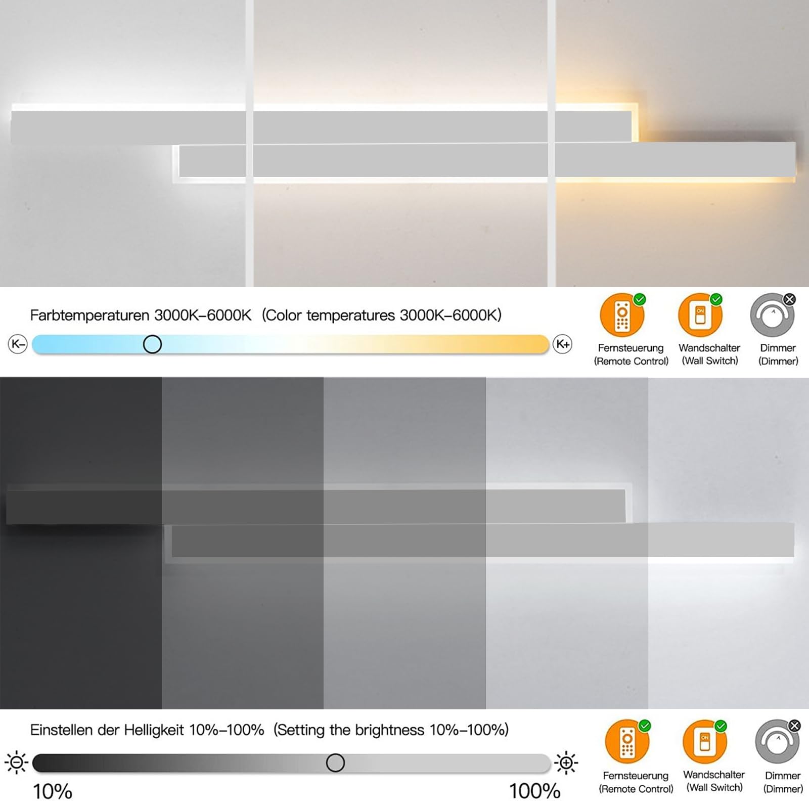 Applique Murale LED Intérieure 120CM/30W/3500LM avec Télécommande