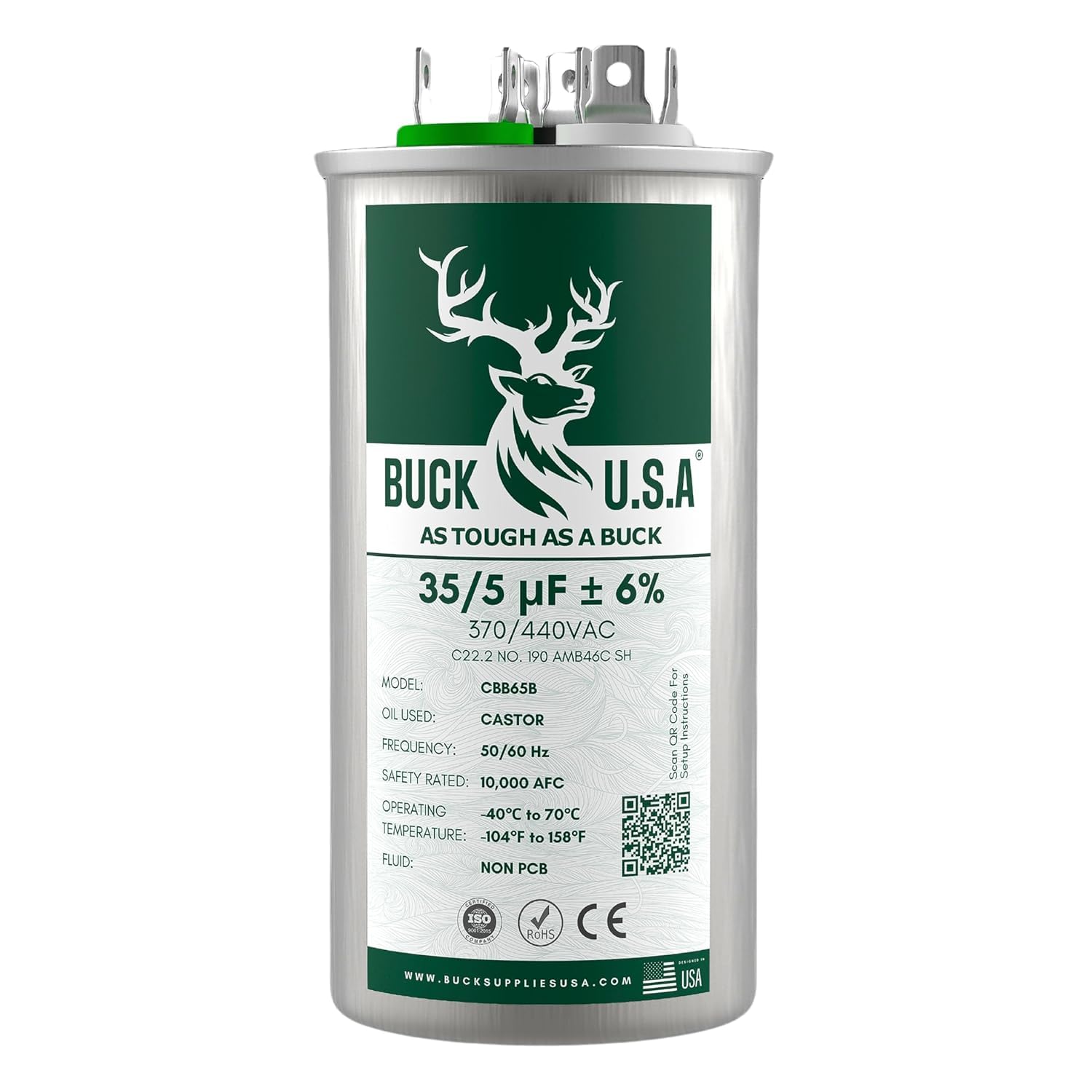 Buck 35+5uF 35/5 MFD 6% CBB65B Dual Run Round Start Capacitor - Ideal for HVAC Systems, Air Conditioner Unit Fan Motor Start, Heat Pump, & Condenser Straight Cool Applications 370/440VAC 50/60Hz