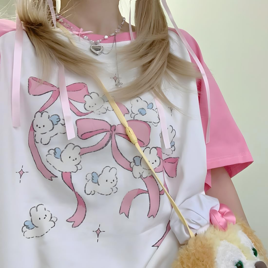 Harajuku Kawaii Clothes Casual Soft Crewneck Raglan Sleeve Cute Cartoon Graphic Bunny with Bows Print T-Shirt - Image 6