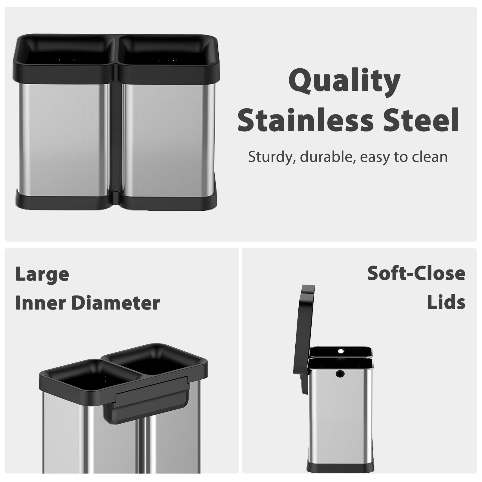 Cubo de basura abierto de 2 x 5.3 galones, cubo de basura de cocina de acero inoxidable a prueba de huellas dactilares, doble compartimento sin tapa para oficina, restaurante, comedor