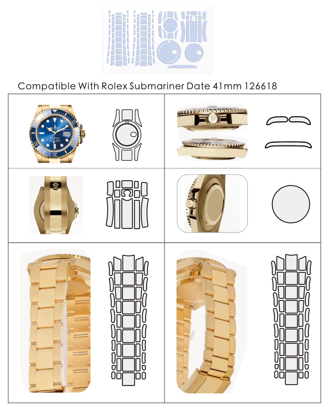 2Pack Pellicola Protettiva per Rolex Submariner 41mm Ref. 126618. | Pelle trasparente, copertura completa, adesivo per la protezione dello schermo dell'orologio