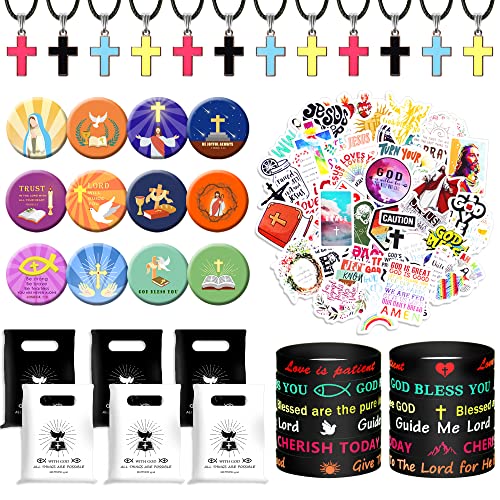 BANBALLON 98 PCS Bible Verse Party Favors, Jesus Party Favors Cross Necklace Goodie Bags with Stickers, Rubber Bracelets, Button Pins and Bags for Christian Gathering Party Supplies Decorations