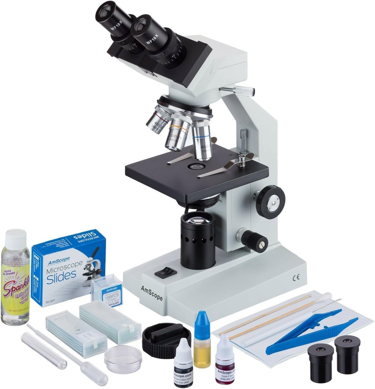 AmScope B100C-SP14-CLS-50P100S Binocular Biological Microscope 40X-2500X with Extensive Slide Preparation Kit, LED Light Source
