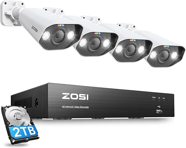 ZOSI 4K 8CH Spotlight PoE Security Camera System with 2TB HDD,4pcs 5MP Outdoor PoE IP Cameras,Smart Human Detection,2 Way Audio,Color Night Vision,8 Ports 16CH 8MP NVR for Home 24/7 Recordin