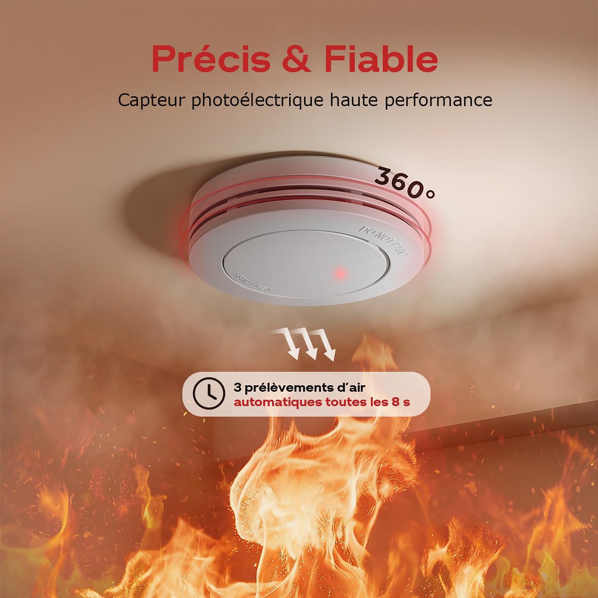 Safeliveo Détecteur de fumée Autonome,Batterie 10 Ans,Alarme 85 DB, Ultra-Fin, sans LED Clignotante,Fonction silencieuse, avec tampons adhésifs,2 Pièces