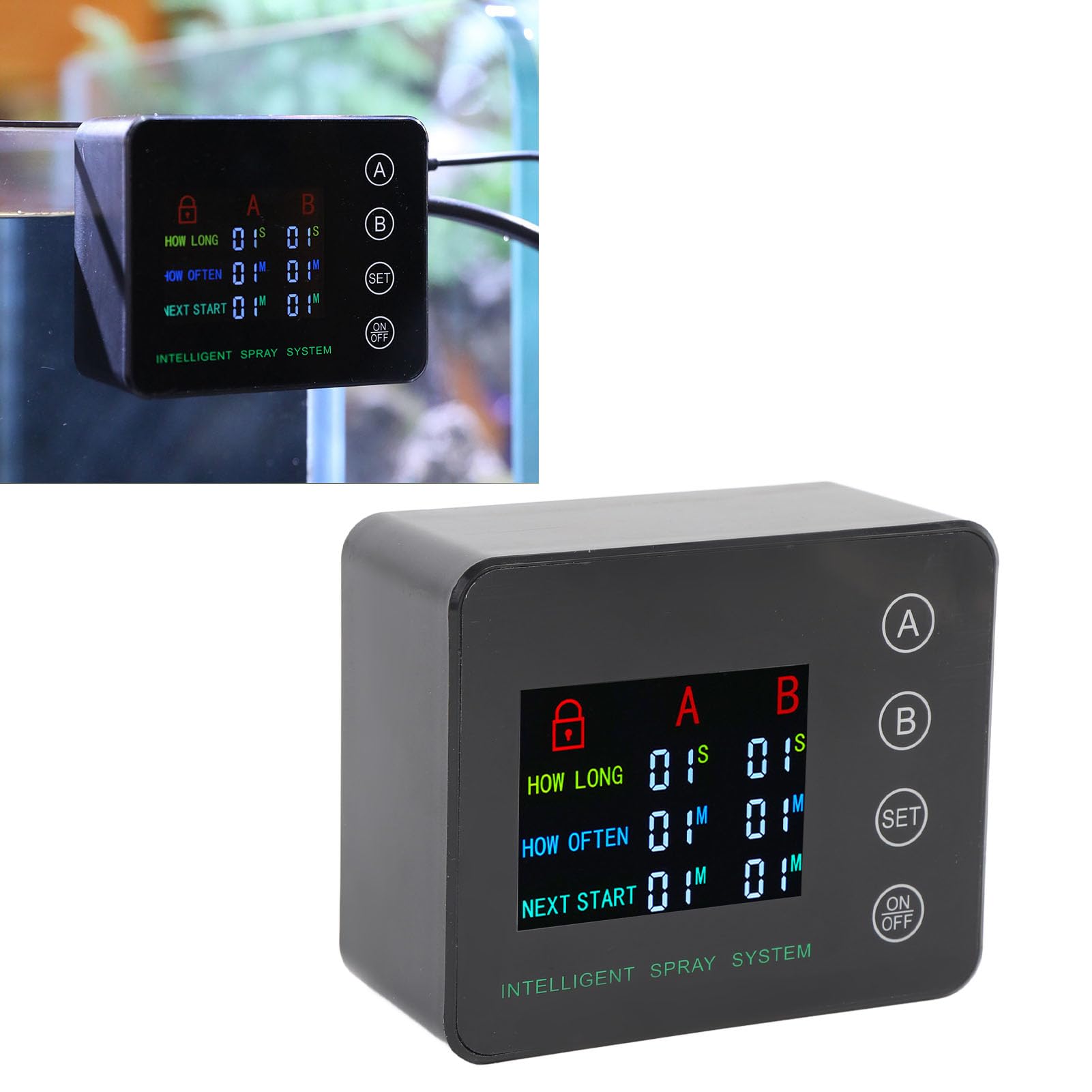 ASHATA Umidificatore per Rettili, Nebulizzatore per Terrari, di Spruzzatura Automatico a Doppia Pompa con Schermo a Colori, Ugelli Regolabili per Acquari e Terrari.